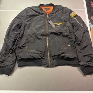 Ellie & kate Black Bomber Jacket Embroidered Patch Full Zip Army Theme Sz Large